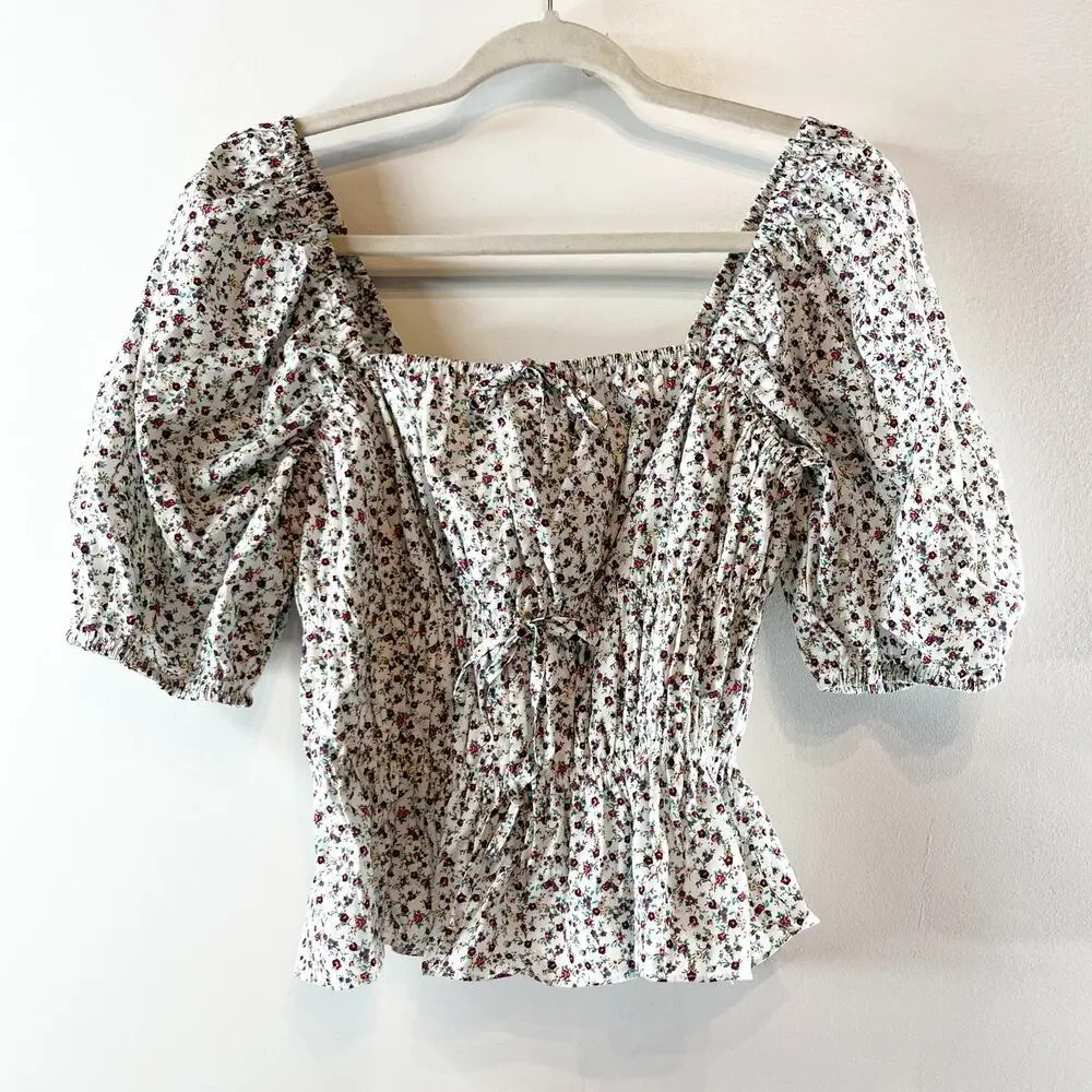Hyacinth House Tuckernuck Floral Puff Sleeve Bow Payton Top Blouse White Medium